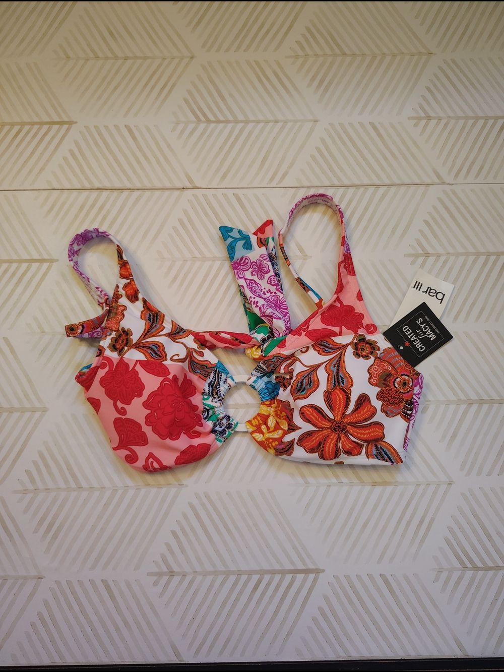 NWT Bar III Beachside Boheme O-Ring Bikini Top XS Patchwork Floral
